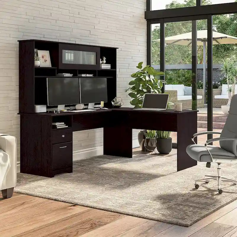 72W L-shaped Computer Desk with Hutch and Drawers