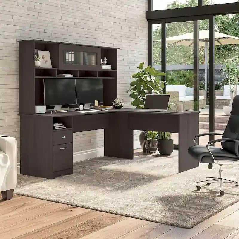 72W L-shaped Computer Desk with Hutch and Drawers
