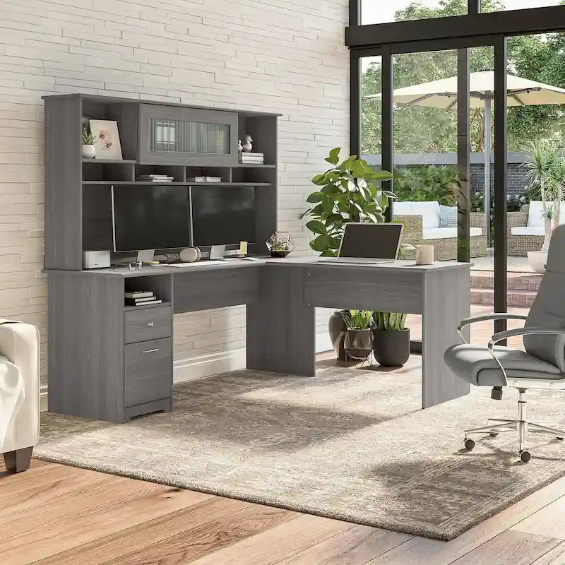 72W L-shaped Computer Desk with Hutch and Drawers