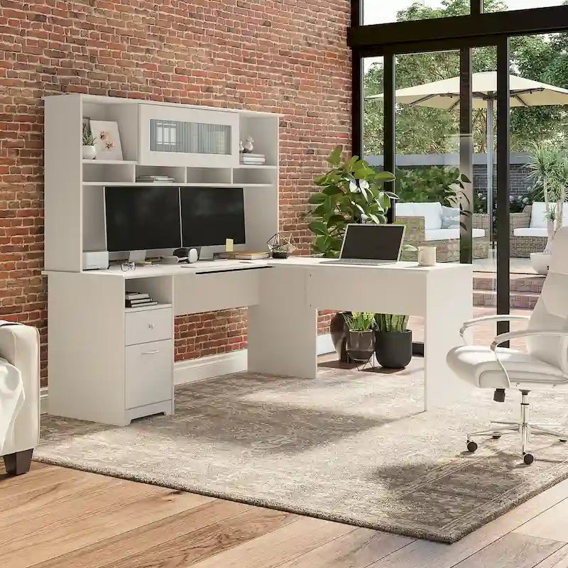 72W L-shaped Computer Desk with Hutch and Drawers