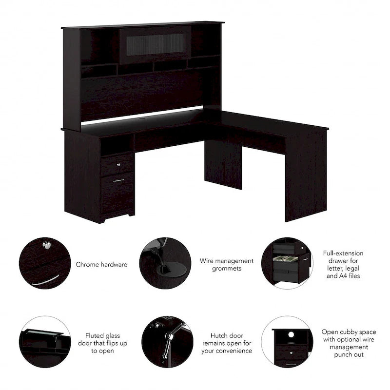 72W L-shaped Computer Desk with Hutch and Drawers