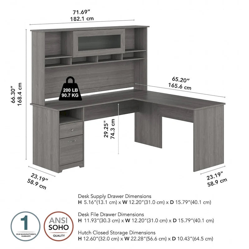 72W L-shaped Computer Desk with Hutch and Drawers