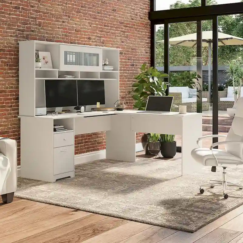 72W L-shaped Computer Desk with Hutch and Drawers