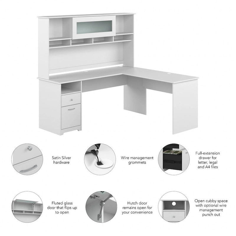 72W L-shaped Computer Desk with Hutch and Drawers