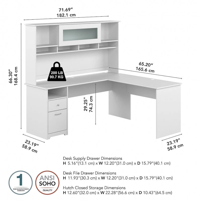72W L-shaped Computer Desk with Hutch and Drawers
