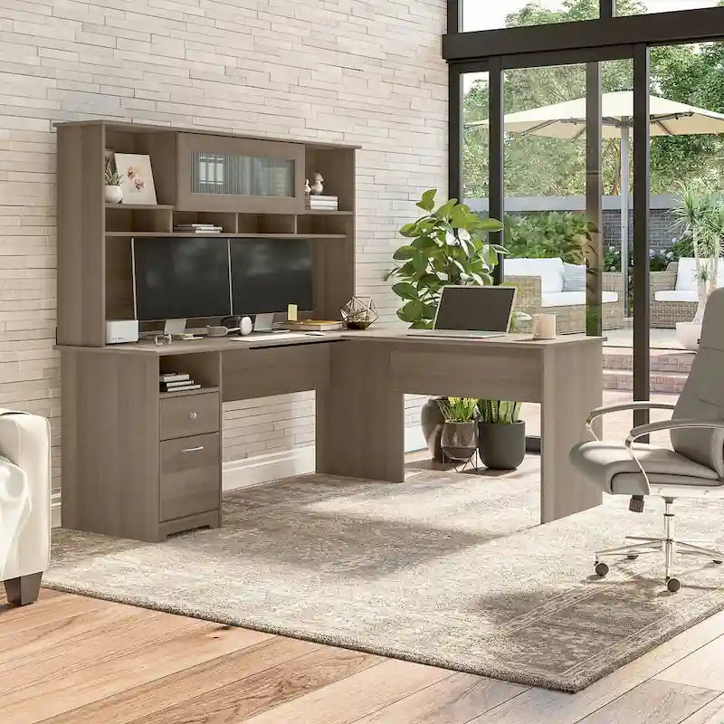 72W L-shaped Computer Desk with Hutch and Drawers