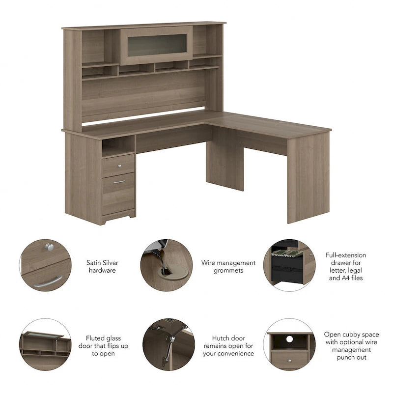 72W L-shaped Computer Desk with Hutch and Drawers
