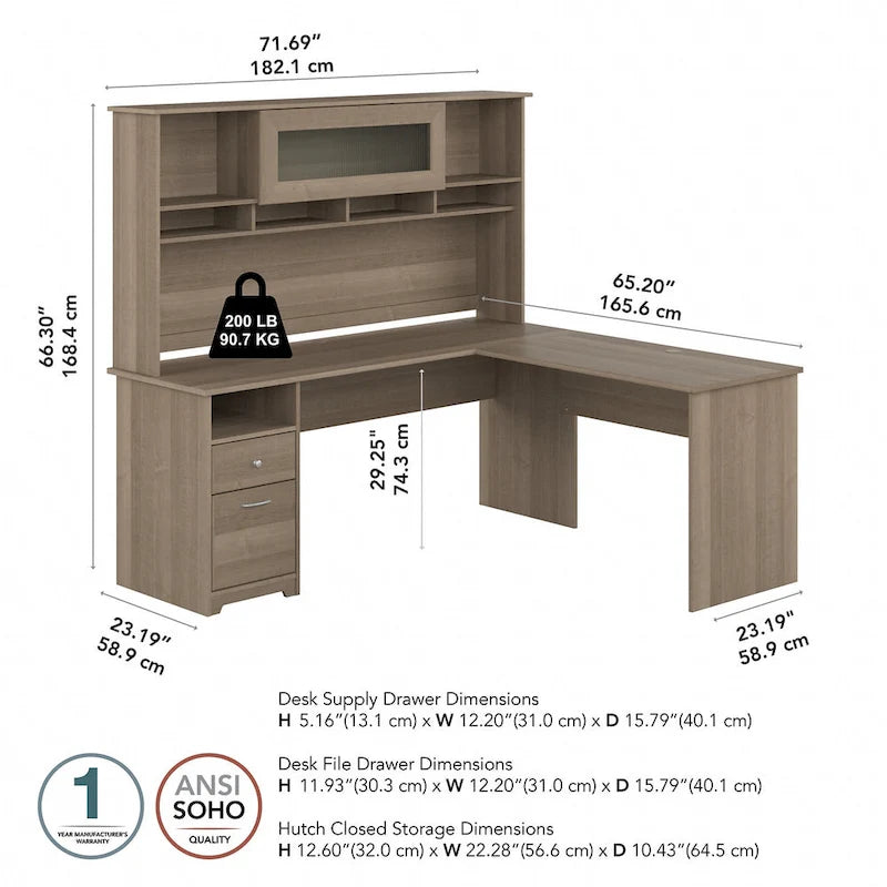 72W L-shaped Computer Desk with Hutch and Drawers