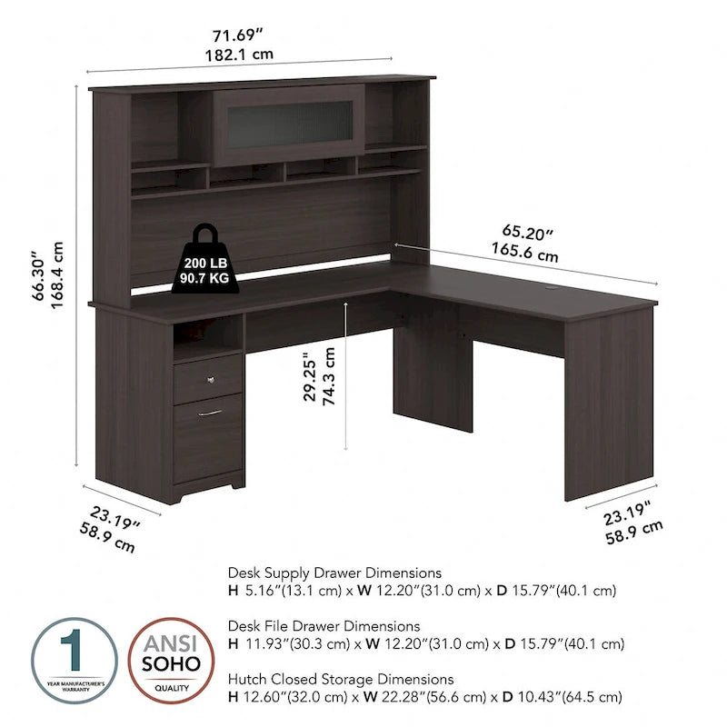 72W L-shaped Computer Desk with Hutch and Drawers