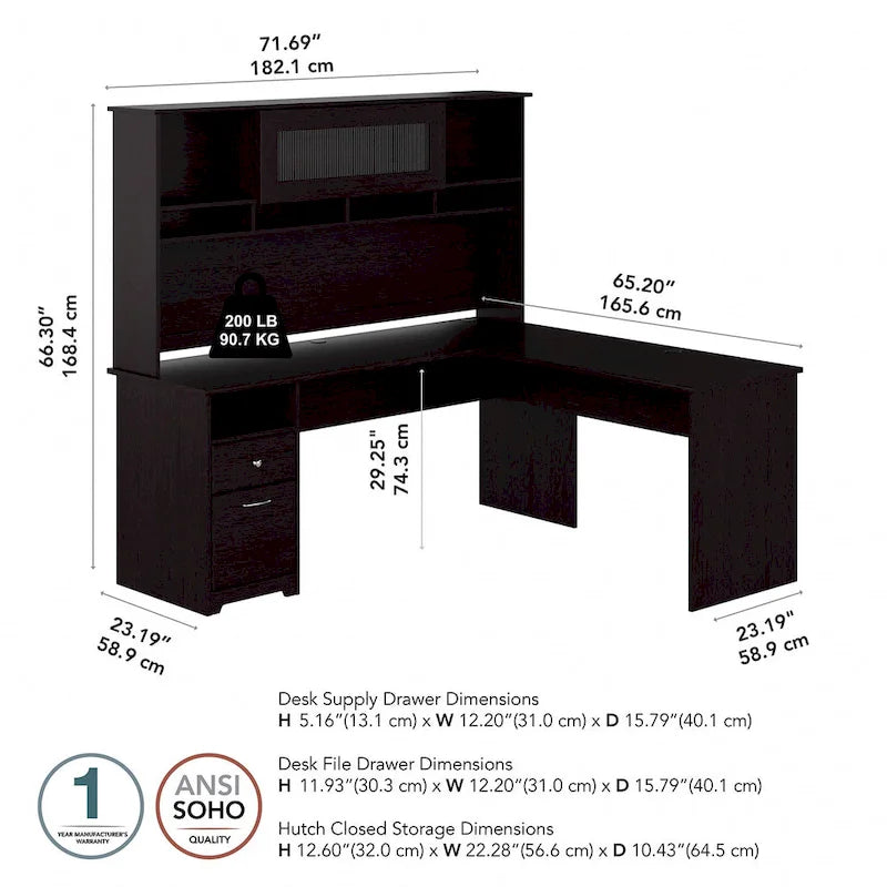 72W L-shaped Computer Desk with Hutch and Drawers