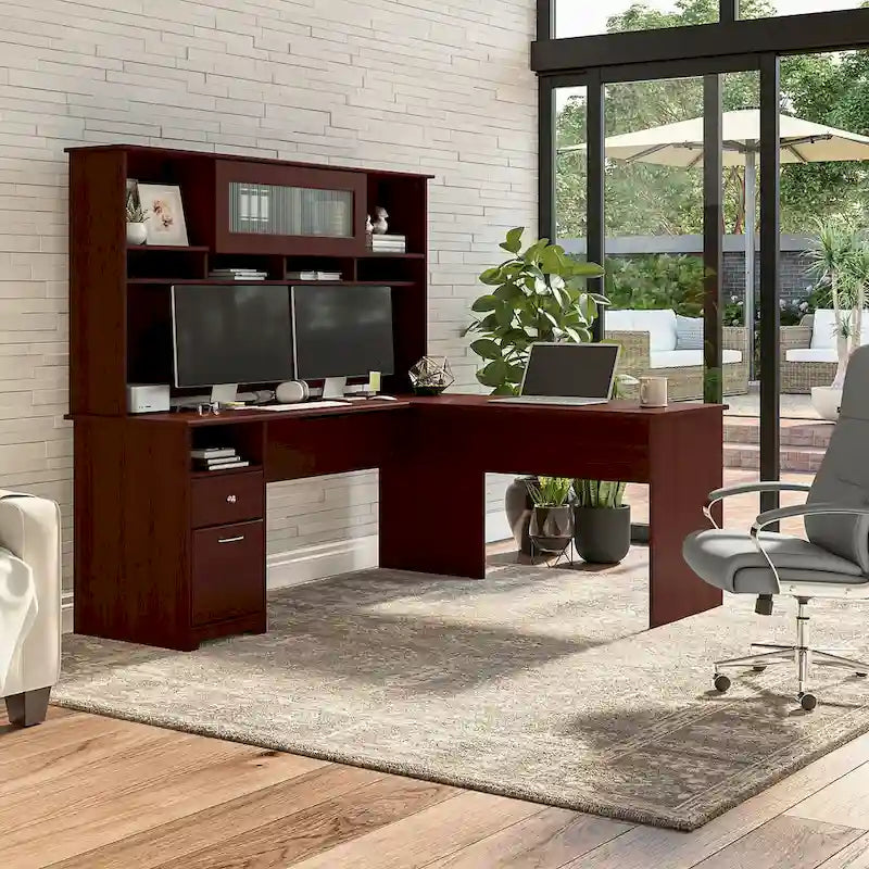72W L-shaped Computer Desk with Hutch and Drawers