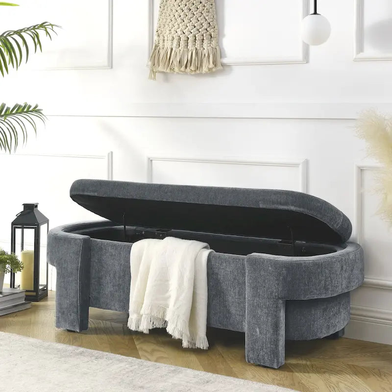 Chenille Upholstered Storage Bench with Turned Legs for Elegant Spaces