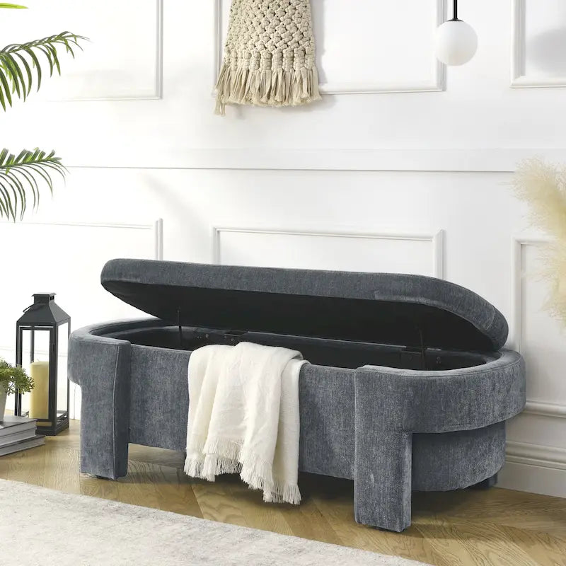 Chenille Upholstered Storage Bench with Turned Legs for Elegant Spaces