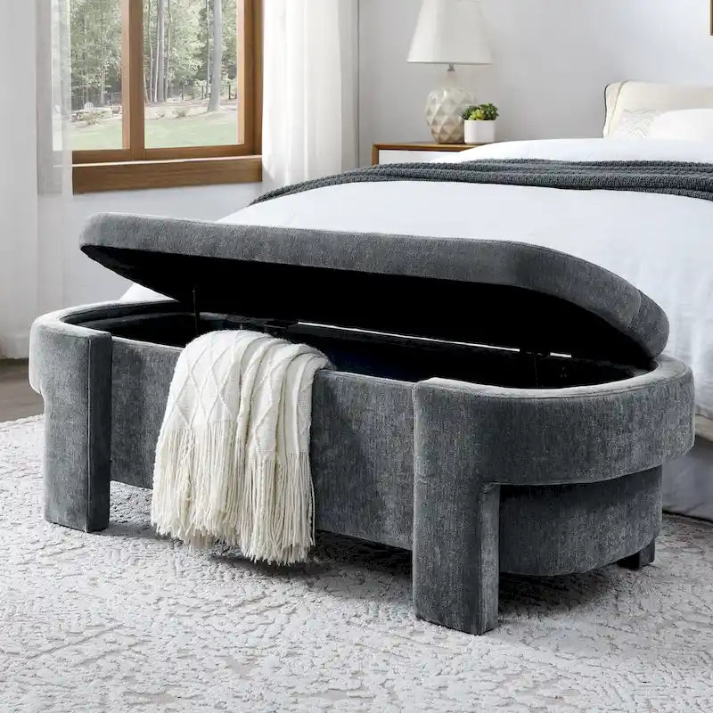 Chenille Upholstered Storage Bench with Turned Legs for Elegant Spaces