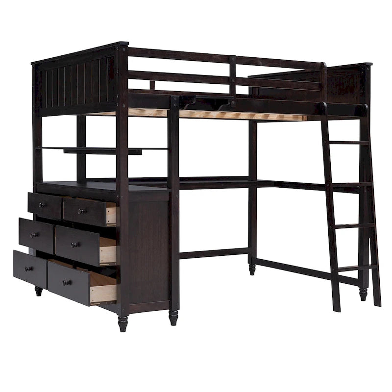 Full Size Loft Bed with Drawers and Desk, Wooden Loft Bed with Shelves - White