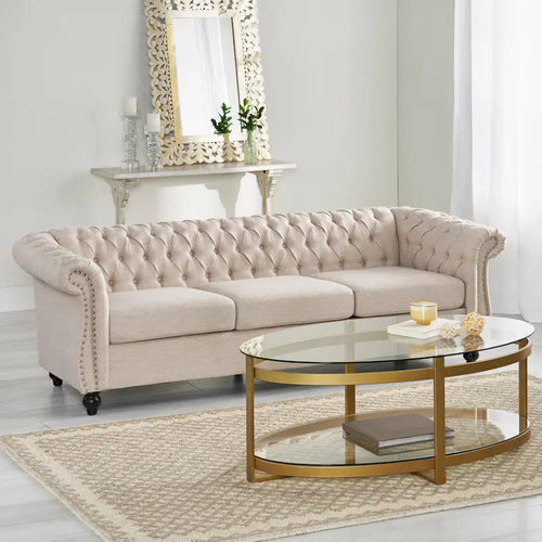 Beige Chesterfield Button Tufted 3-seater Sofa with Nailheads