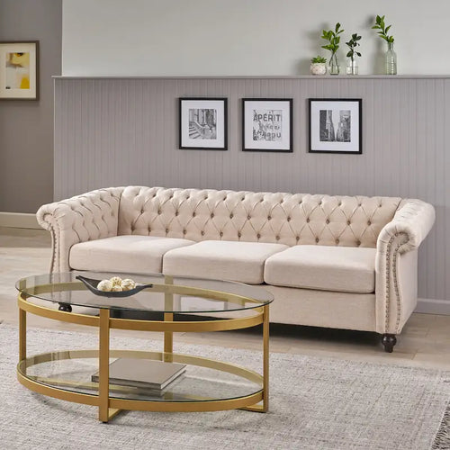Beige Chesterfield Button Tufted 3-seater Sofa with Nailheads