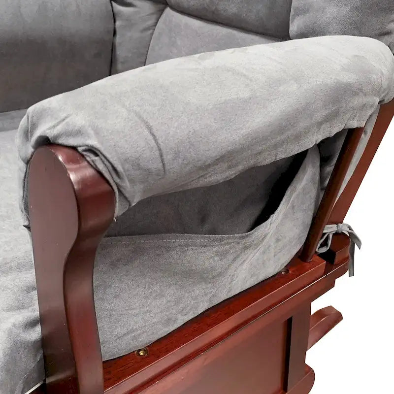 Gray Microfiber Glider Chair and Ottoman in Cherry Finish