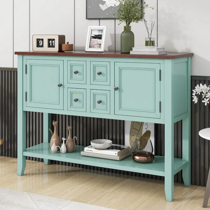 Vintage Console Table with 4 Drawers and Bottom Shelf