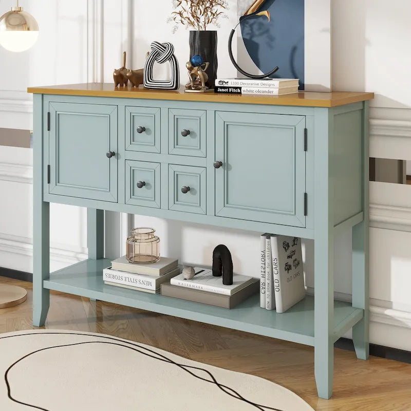 Vintage Console Table with 4 Drawers and Bottom Shelf