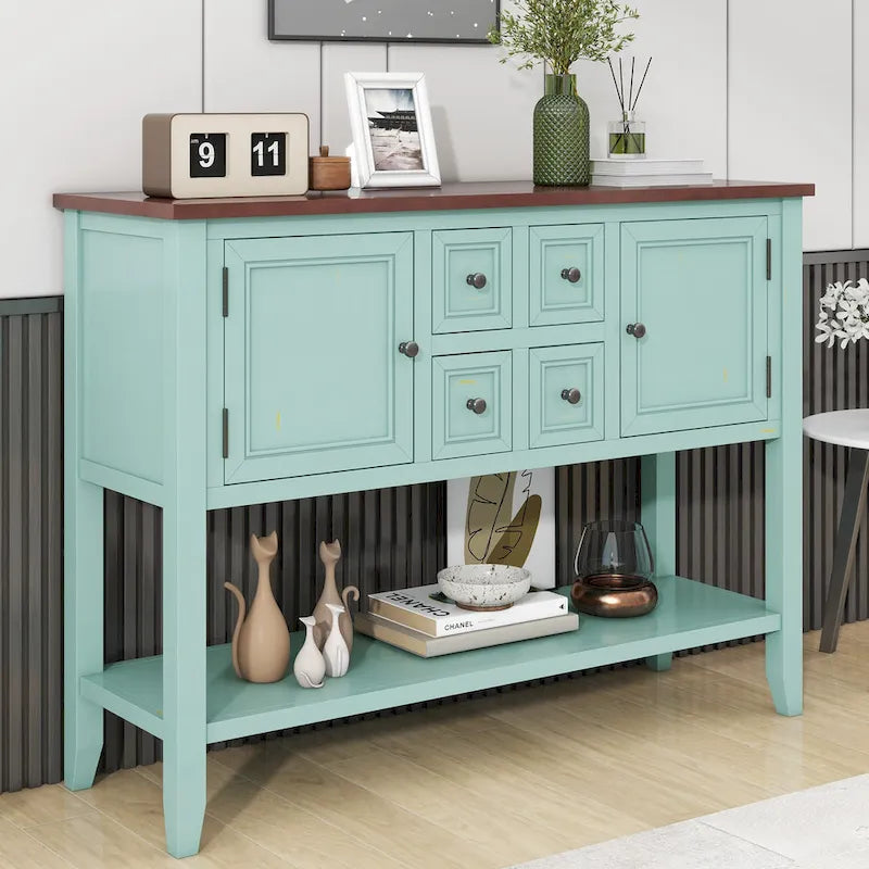 Vintage Console Table with 4 Drawers and Bottom Shelf