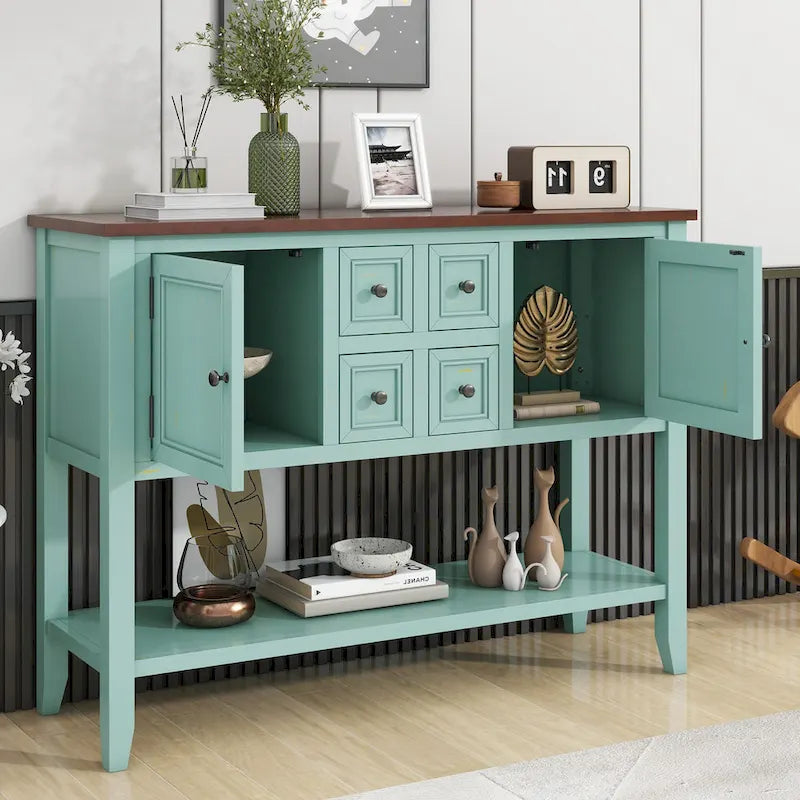 Vintage Console Table with 4 Drawers and Bottom Shelf
