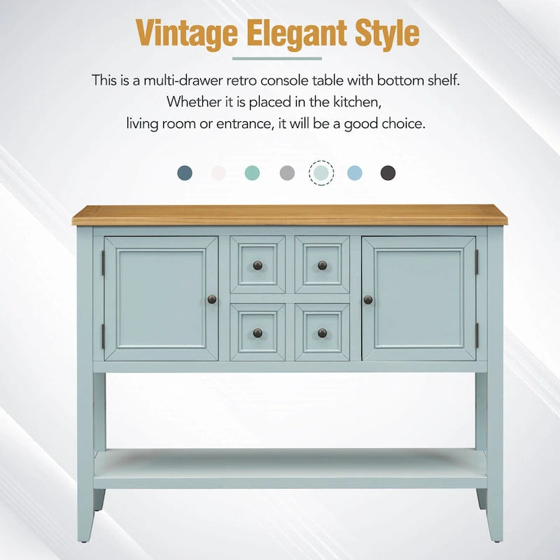 Vintage Console Table with 4 Drawers and Bottom Shelf