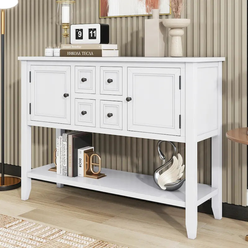 Vintage Console Table with 4 Drawers and Bottom Shelf