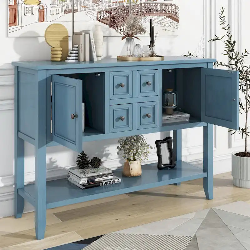 Vintage Console Table with 4 Drawers and Bottom Shelf