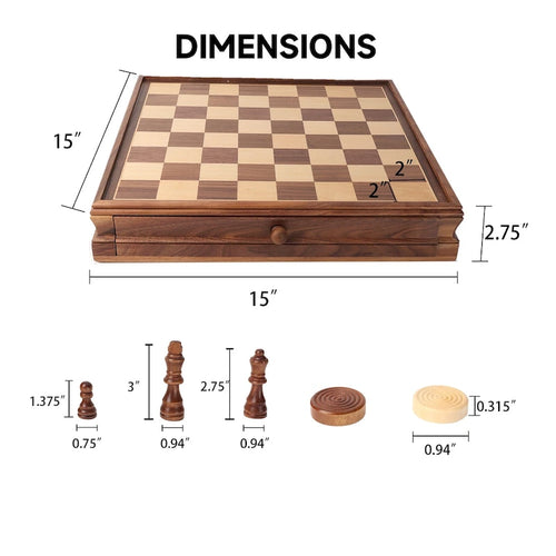 15 Large Wooden 2-in-1 Chess and Checkers Board Game Combo Set with Drawer