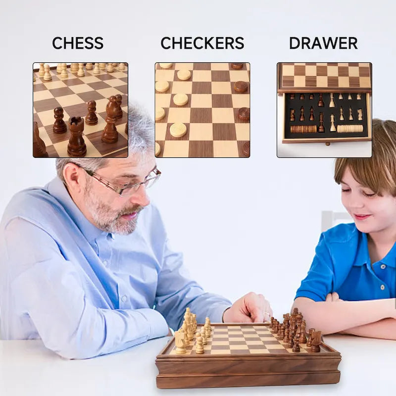 15 Large Wooden 2-in-1 Chess and Checkers Board Game Combo Set with Drawer