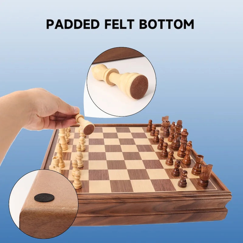 15 Large Wooden 2-in-1 Chess and Checkers Board Game Combo Set with Drawer