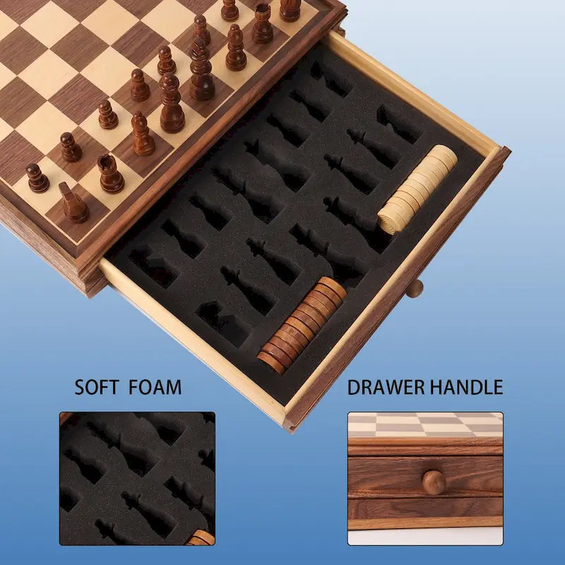 15 Large Wooden 2-in-1 Chess and Checkers Board Game Combo Set with Drawer