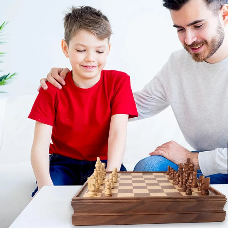 15 Large Wooden 2-in-1 Chess and Checkers Board Game Combo Set with Drawer