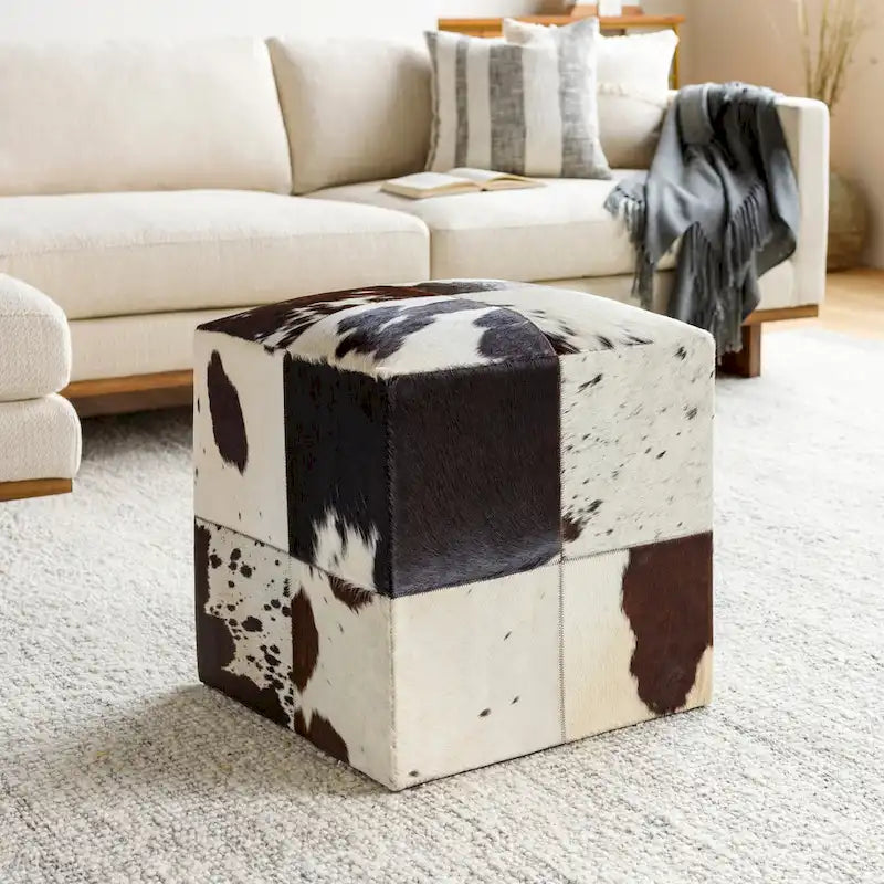 Leather Cowhide Cube Pouf Ottoman