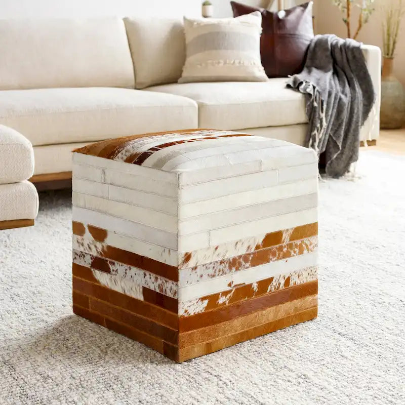 Leather Cowhide Cube Pouf Ottoman