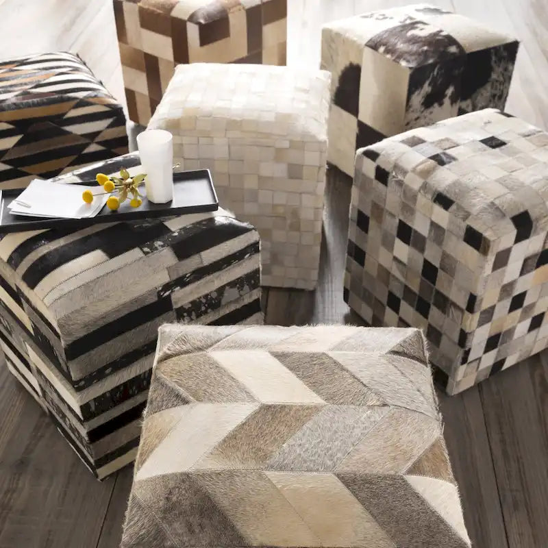 Leather Cowhide Cube Pouf Ottoman