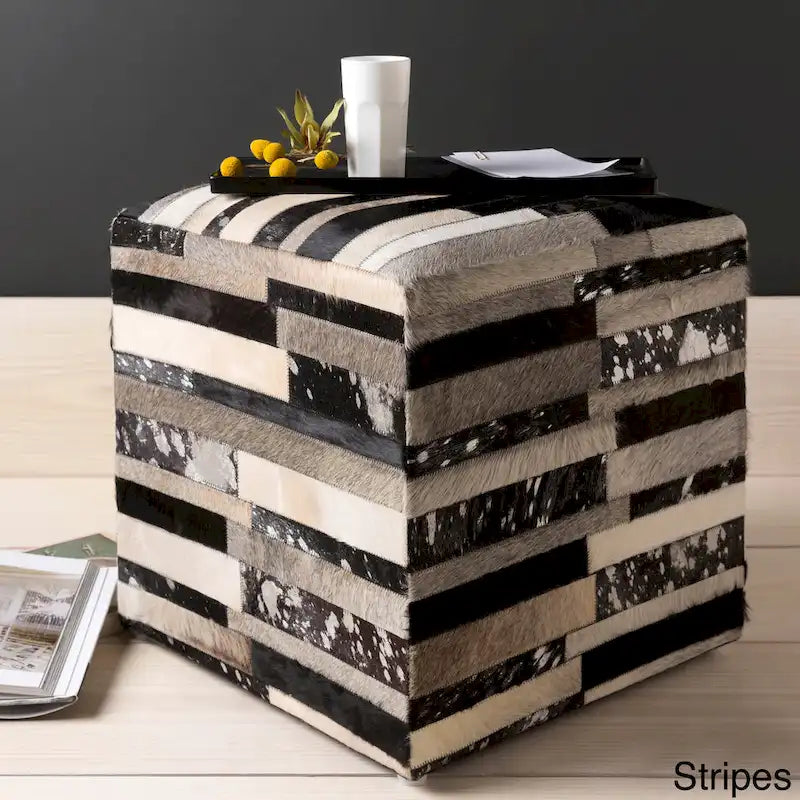 Leather Cowhide Cube Pouf Ottoman