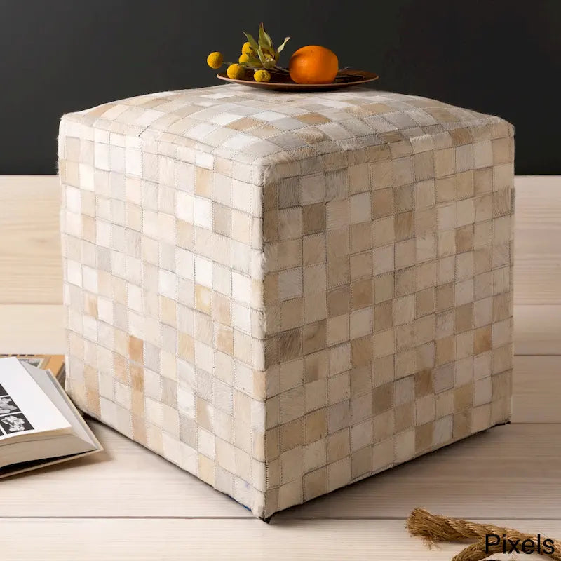 Leather Cowhide Cube Pouf Ottoman