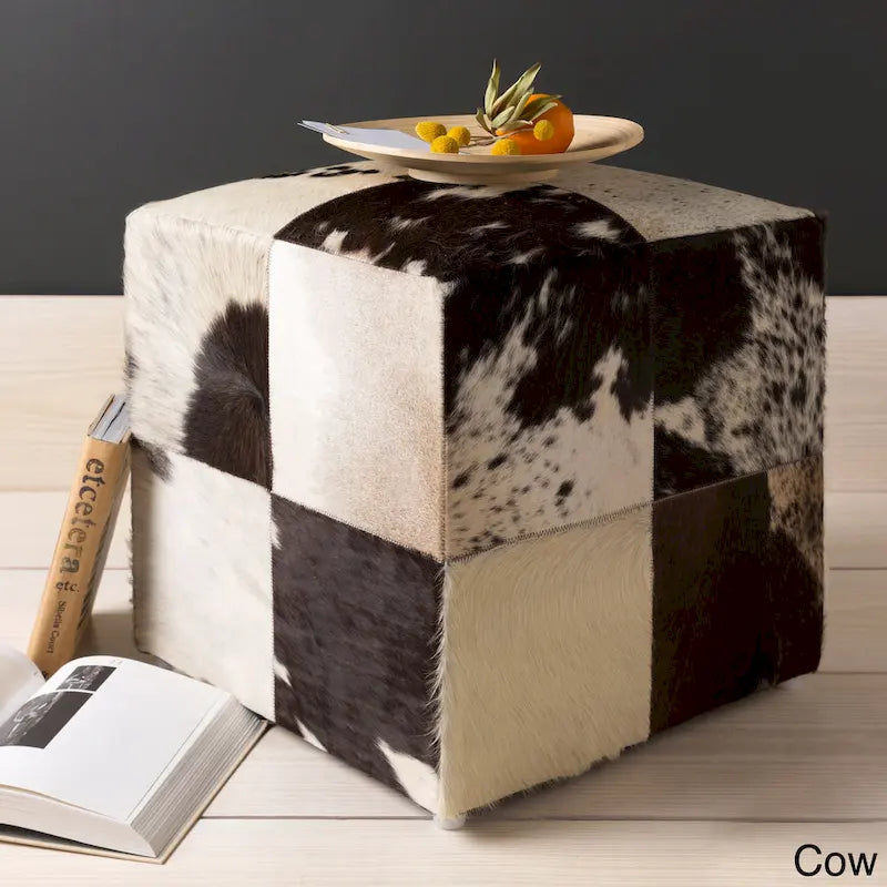Leather Cowhide Cube Pouf Ottoman