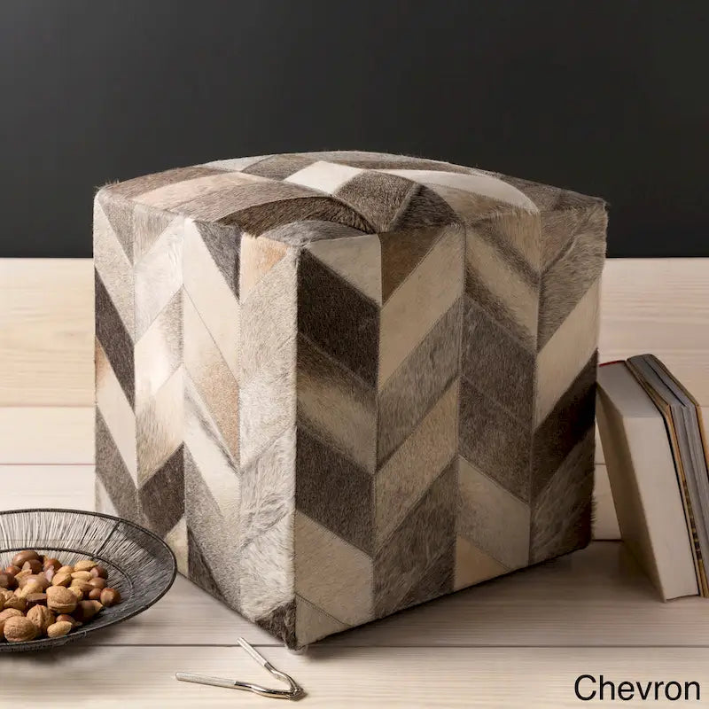Leather Cowhide Cube Pouf Ottoman