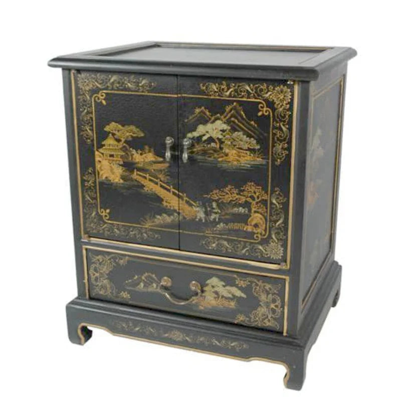 Handmade Lacquered Vintage Landscape End Table - 20.00W x 16.00D x 24.50H
