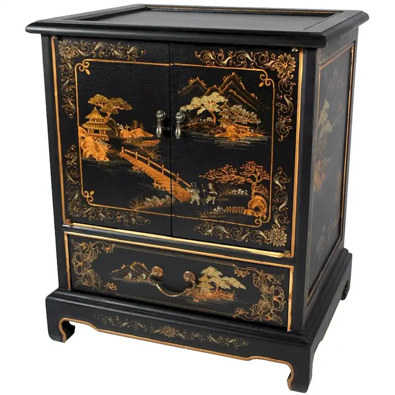 Handmade Lacquered Vintage Landscape End Table - 20.00W x 16.00D x 24.50H