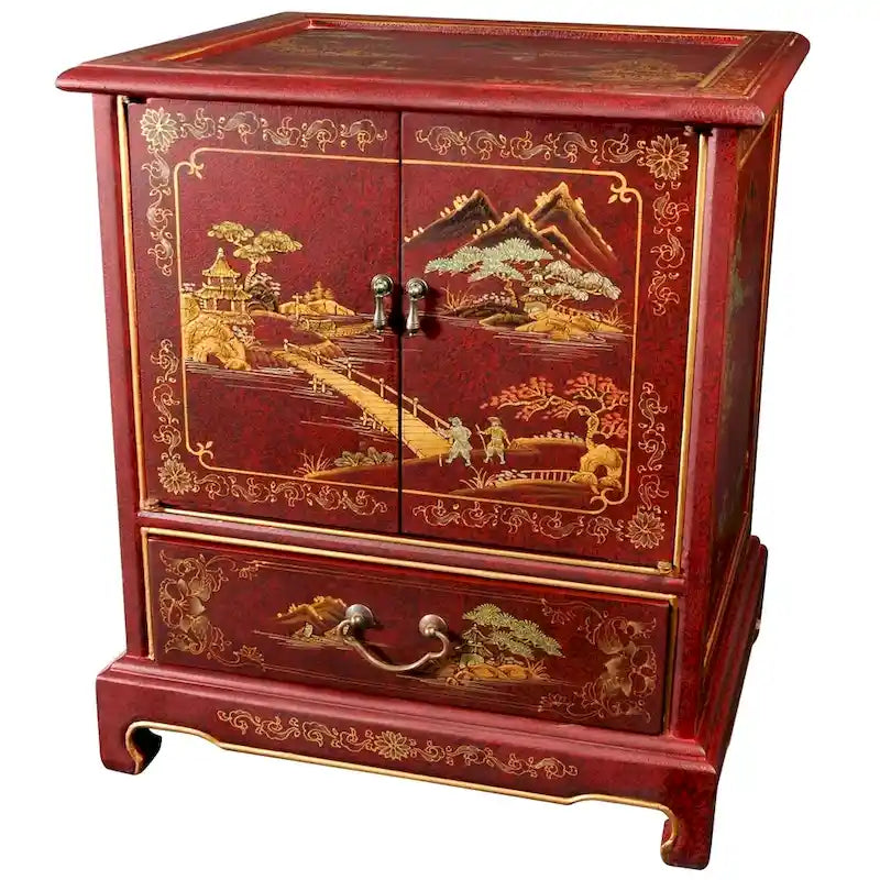 Handmade Lacquered Vintage Landscape End Table - 20.00W x 16.00D x 24.50H