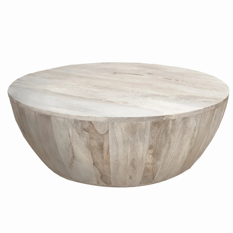 36 Inch Round Mango Wood Coffee Table, Subtle Grains, Distressed White - 35.5 x 35.5 x 12