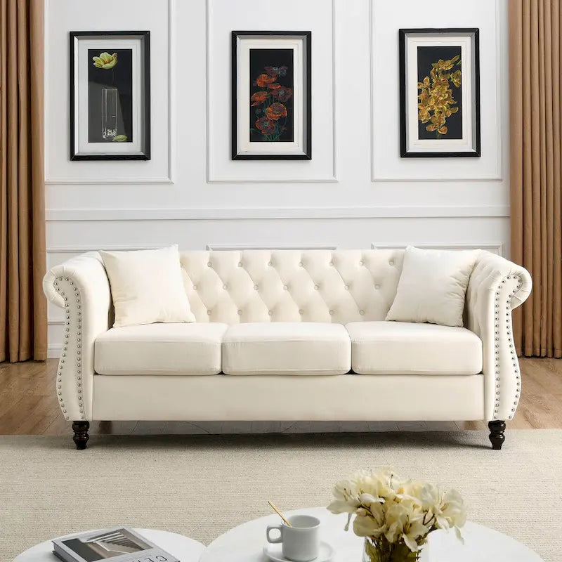 80 Chesterfield Sofa Beige Velvet for Living Room, 3 Seater Sofa Tufted Couch with Rolled Arms and Nailhead , two pillows