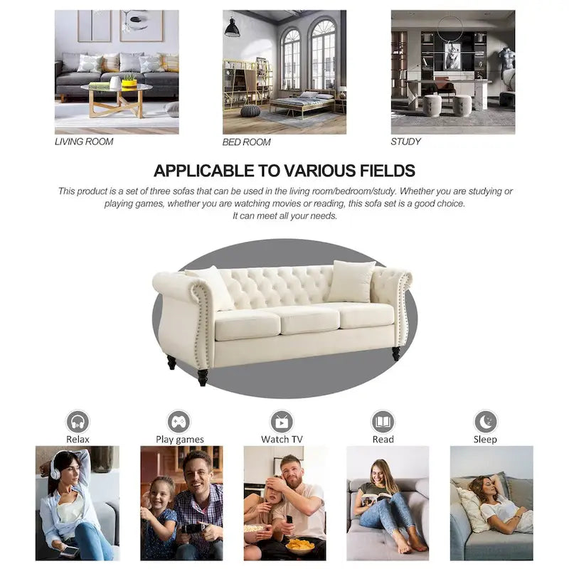 80 Chesterfield Sofa Beige Velvet for Living Room, 3 Seater Sofa Tufted Couch with Rolled Arms and Nailhead , two pillows