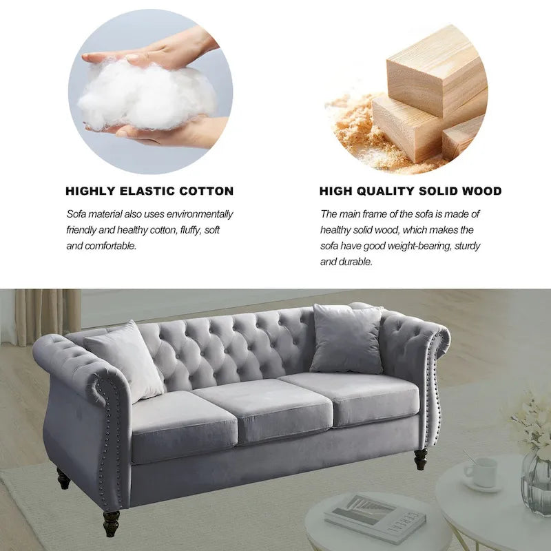 80 Chesterfield Sofa Beige Velvet for Living Room, 3 Seater Sofa Tufted Couch with Rolled Arms and Nailhead , two pillows