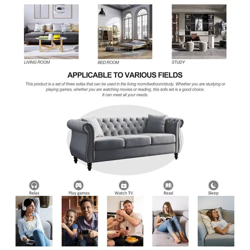 80 Chesterfield Sofa Beige Velvet for Living Room, 3 Seater Sofa Tufted Couch with Rolled Arms and Nailhead , two pillows