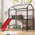 Metal Twin House Loft Bed with Two-sided writable Wooden Board, Slide
